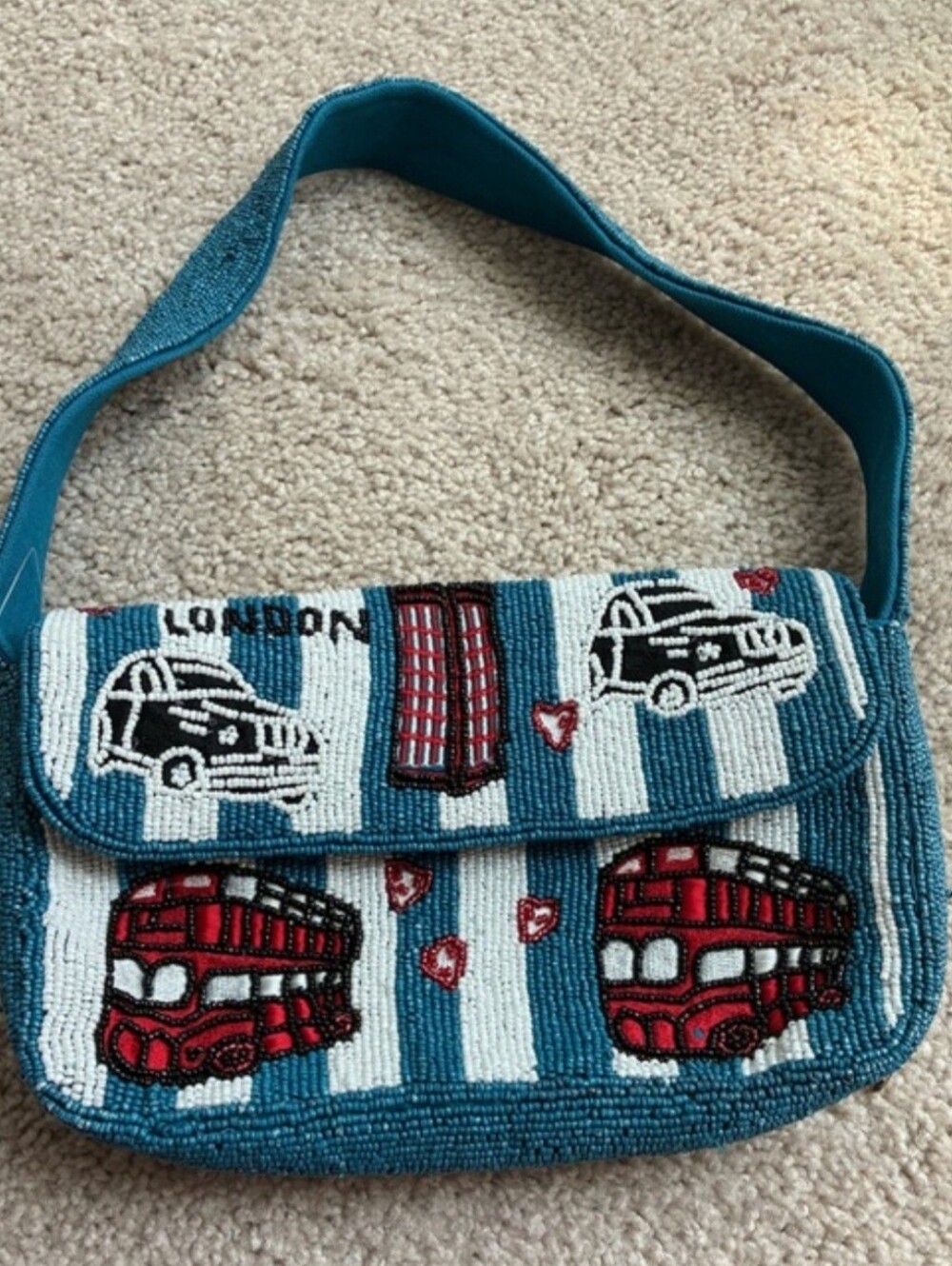 America And Beyond London Beaded Crossbody Bag with Red Bus Motif